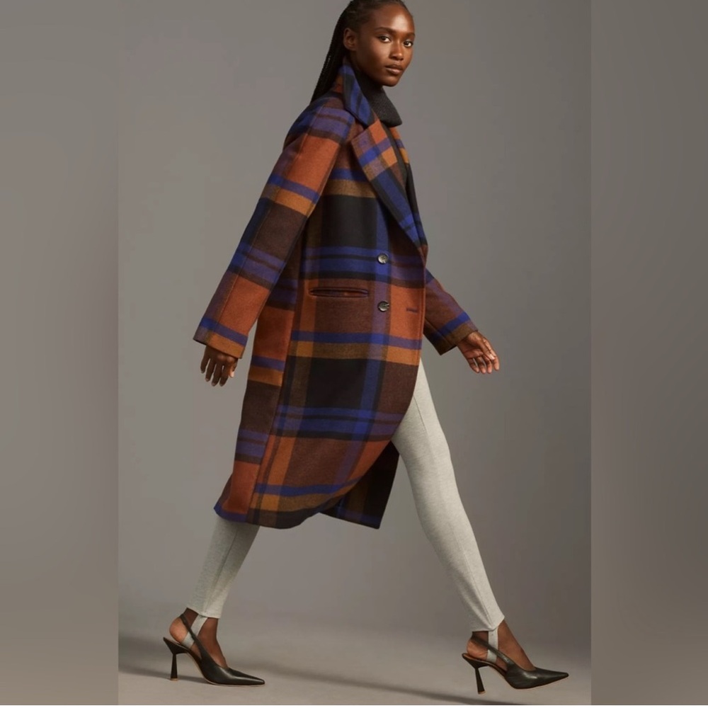 Anthropologie Brown, Blue & Black Plaid Wool-Blend Double-Breasted Pea Coat - Picture 9 of 10